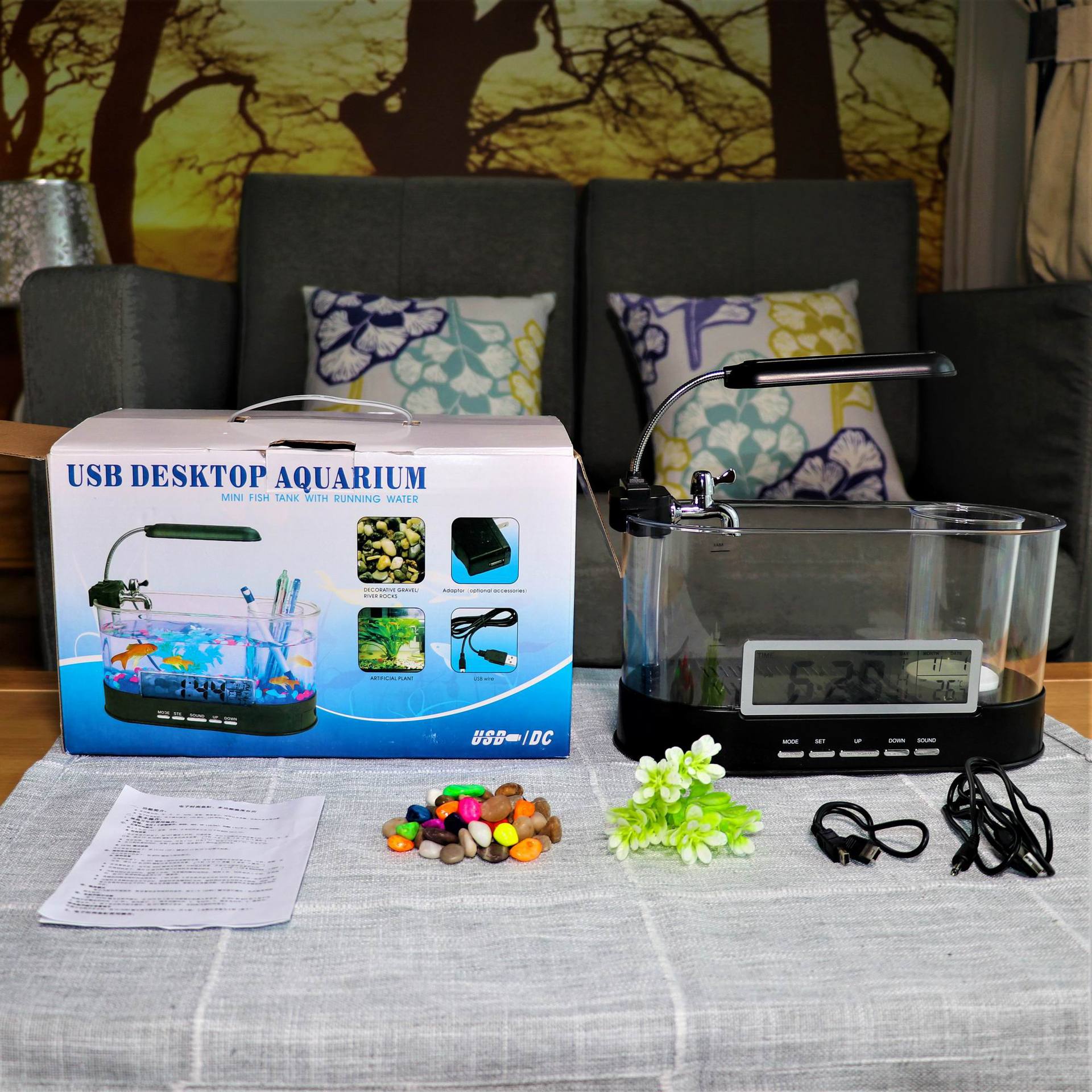 USB Desktop Streaming Mini Aquarium Time Date Week Temperature Alarm Pen Holder