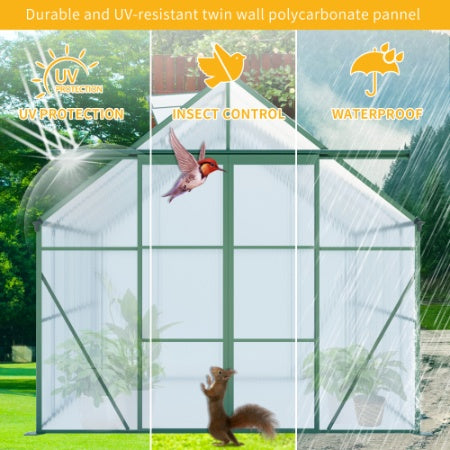 8x8 FT Double Door Polycarbonate Greenhouse Raised Base And Anchor Aluminum Heavy Duty Walk-in Greenhouses For Outdoor Backyard In All Season