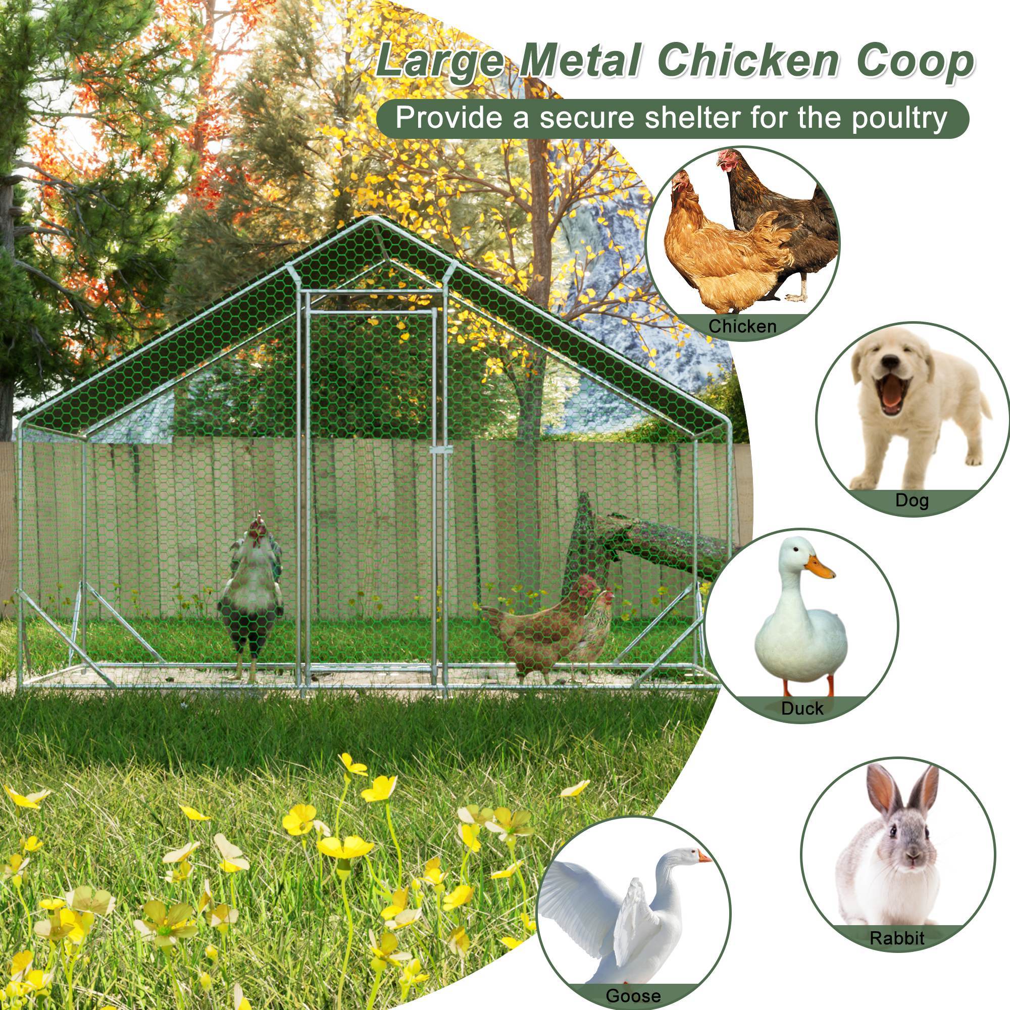 Large Metal Chicken Coop, Walk-in Chicken Run, Galvanized Wire Poultry Chicken Hen Pen Cage, Rabbits Duck Cages With Waterproof And Anti-Ultraviolet Cover For Outside