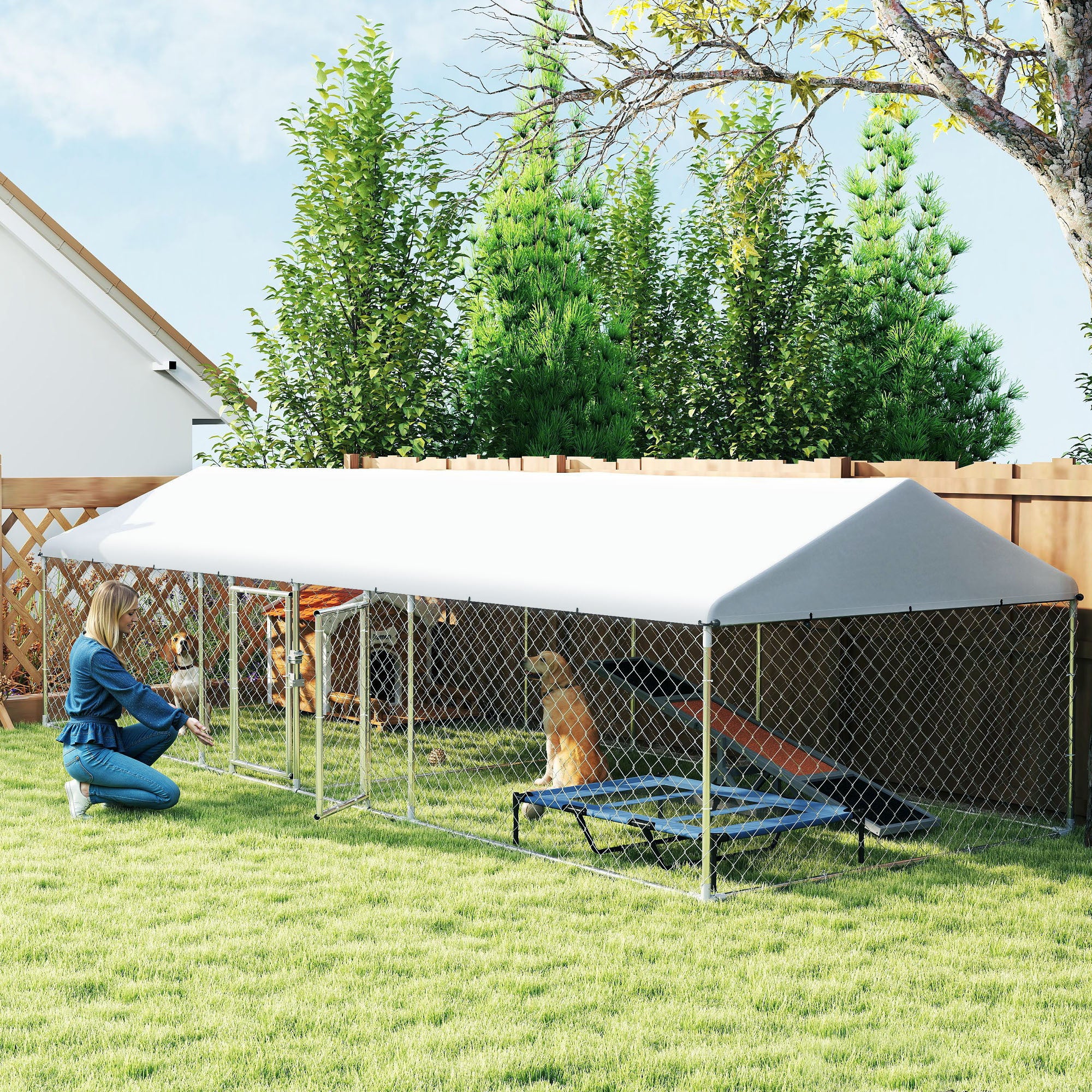 Two Room Outdoor Dog Kennel, Dog Run With Roof, Waterproof UV-Resistant Cover, Secure Lock, 19.7 X 7.5 X 5.2