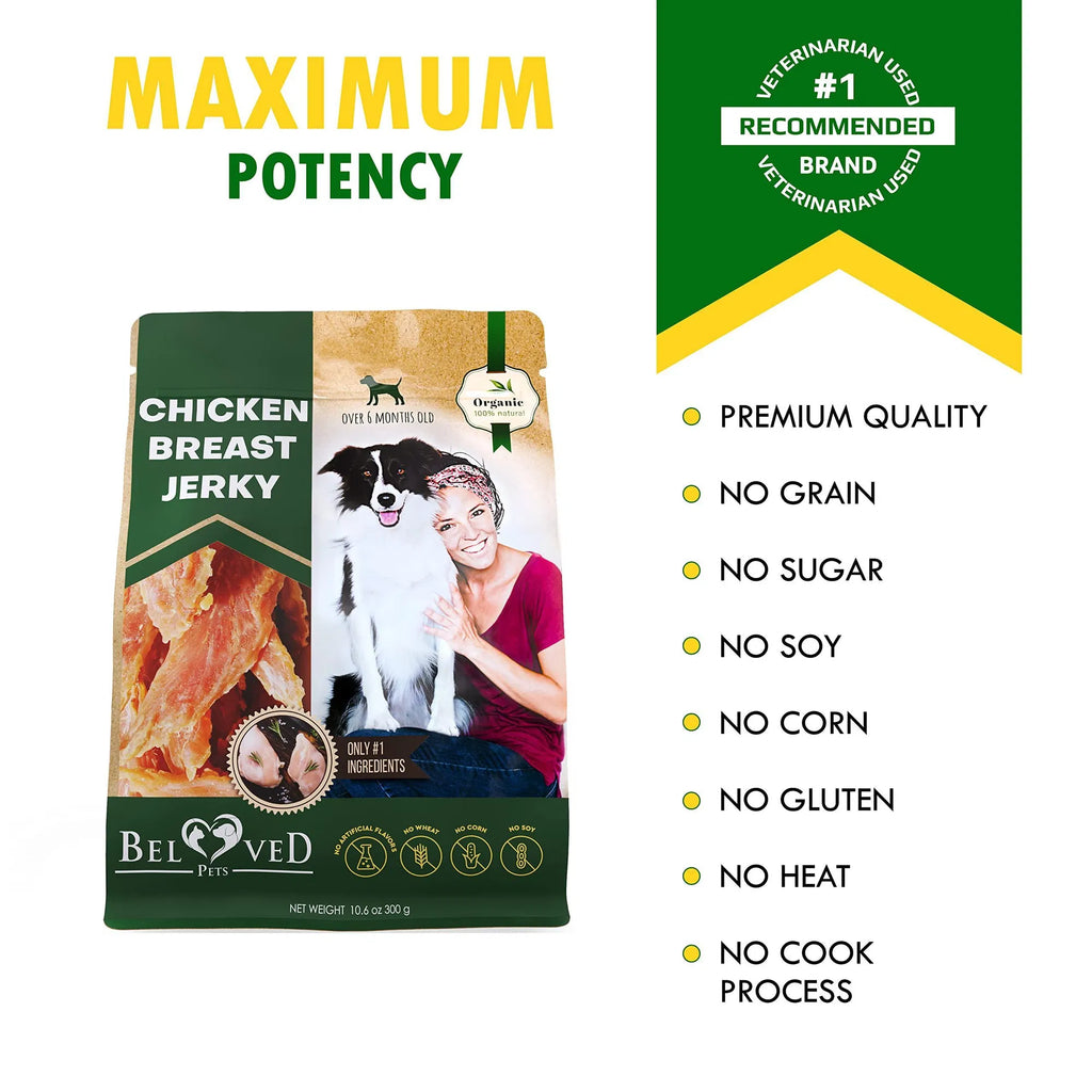 Chicken Jerky Dog Treats All Natural & Organic Healthy Snacks for Dogs, Grain Free & High Protein Human Grade Pet Chews 300g