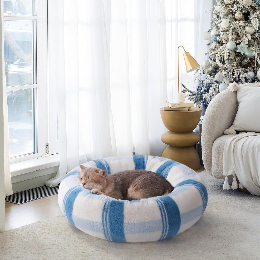 Plush Round Cat Bed For Indoor Cats - Calming Washable Pet Bed With Non-Slip Bottom, Soft Fluffy Dog Bed For Puppy & Kitten, 23 Inch Blue Striped