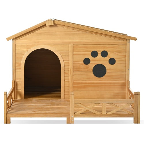 Wooden Dog House Outdoor With Porch, Dog Kennel With Water-Resistant Asphalt Roof And Fencing,Indoor & Outdoor Dog Crate With Paw Print, Medium, Nature