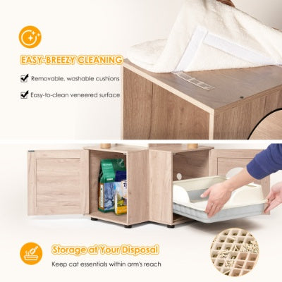 63 Multi-Functional Cat Tree With Litter Box - Includes Removable Washable Cushion, Scratching Posts  Toy Hanger, Modern Design, Rustic Gray