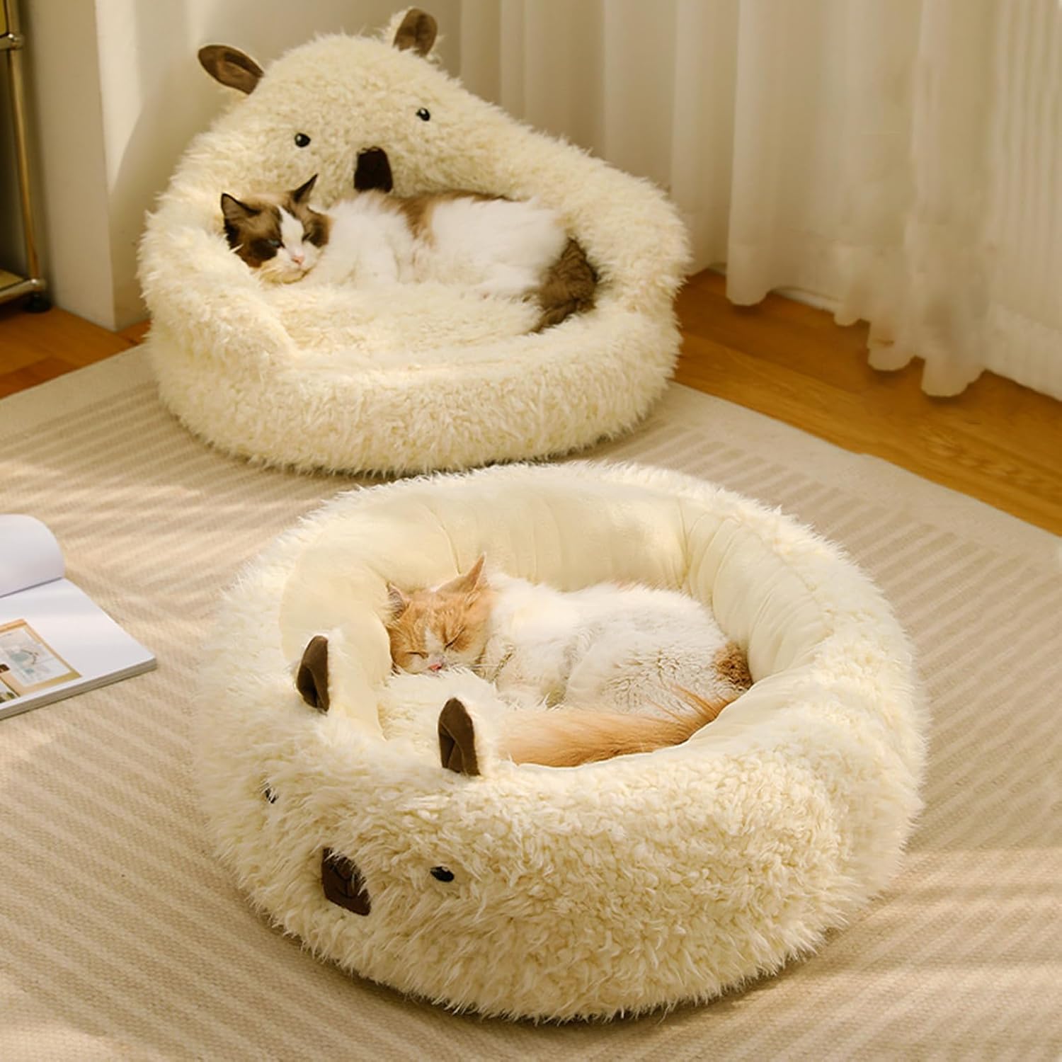 Cut Alpaca Pet Calming Bed with Detachable Plush Pads Anti Slip Bottom Raised Edges