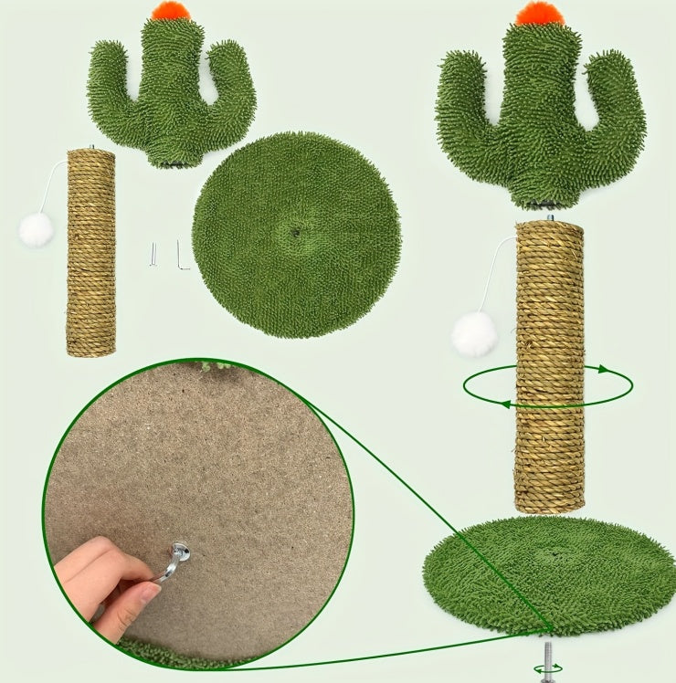 Cactus Cat Climbing Tree 2-in-1 - Solid Wood Base Natural Sisal Scratching Pillar With Hanging Ball Toy, Indoor Cat Multi-level Activity Center