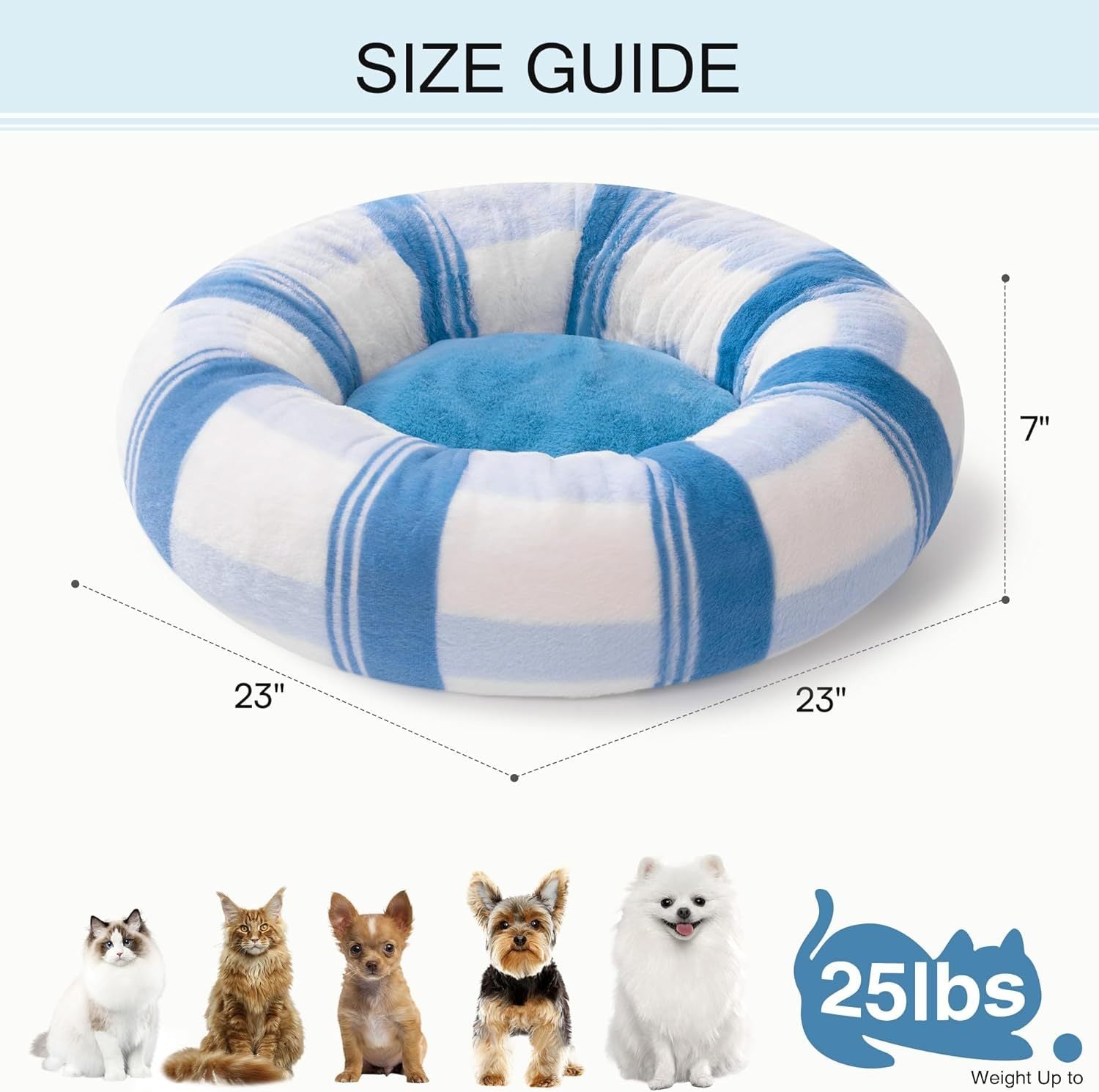 Plush Round Cat Bed For Indoor Cats - Calming Washable Pet Bed With Non-Slip Bottom, Soft Fluffy Dog Bed For Puppy & Kitten, 23 Inch Blue Striped