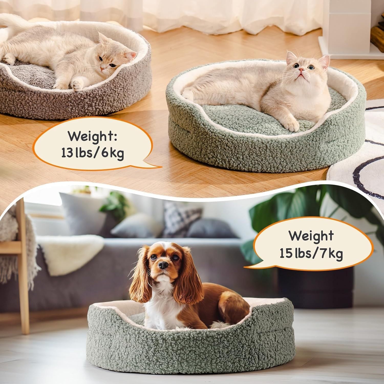 Washable Pet Bed For Cats & Small Dogs - 23x23x7 Inch Round Orthopaedic Bed With Non-Slip Bottom, Plush Indoor Cat Bed For Kittens & Puppies, Sage Green