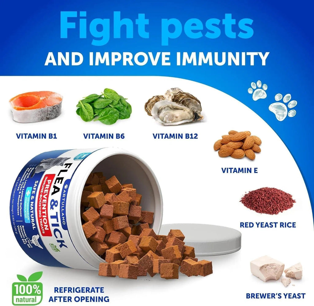 Flea Treatment For Cats Natural Flea And Tick Prevention Supplement For Cats Kittens Chew-able Daily Oral Pills With Vitamins 135 Soft Chews Skin & Coat Dental Treats Digestion