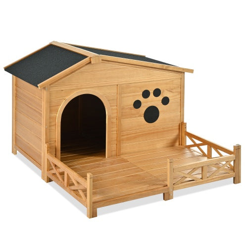 Wooden Dog House Outdoor With Porch, Dog Kennel With Water-Resistant Asphalt Roof And Fencing,Indoor & Outdoor Dog Crate With Paw Print, Medium, Nature
