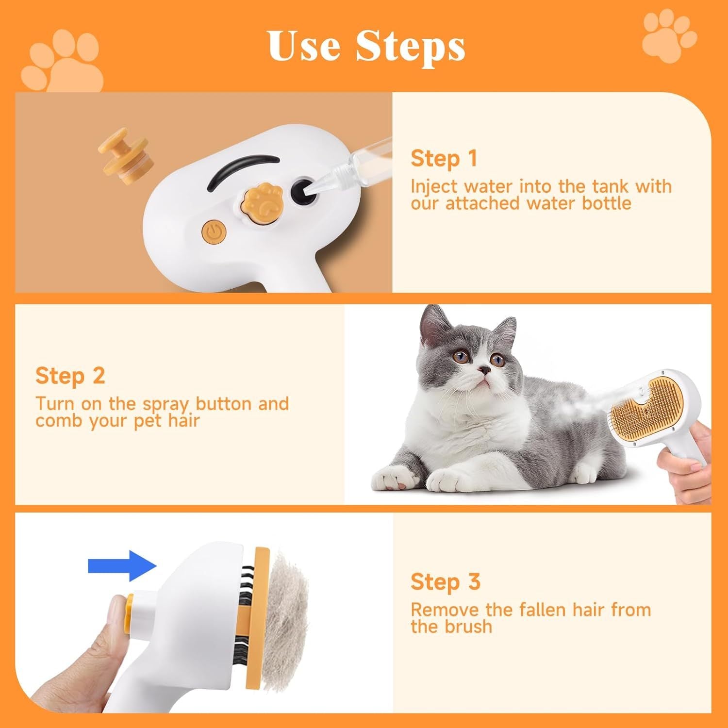Universal Pet Steam Brush For Cats And Dogs 3-in-1 Spray Hair Removal Comb With Water less Shampoo and Ear Towel