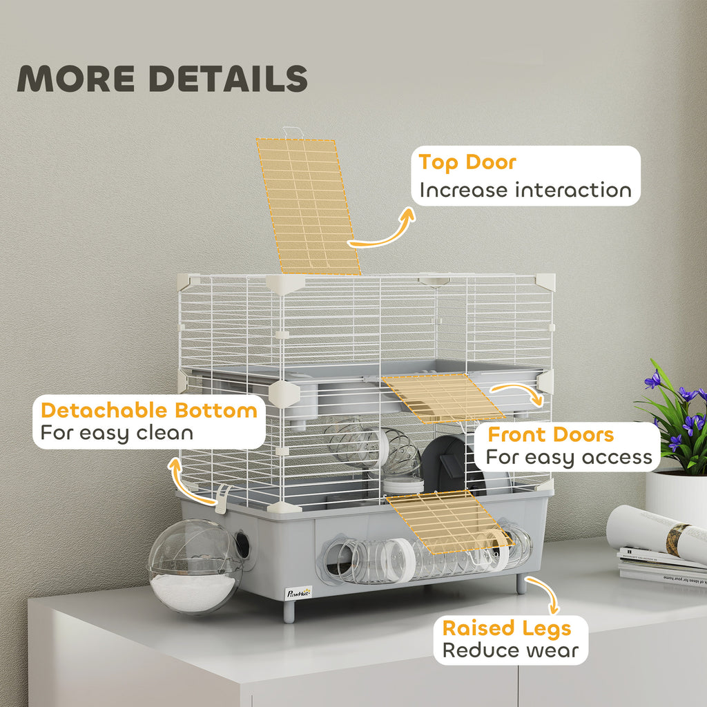 2-Tier Hamster Cage With Sand Bathroom, Running Wheel, Water Bottle, Tubes, Accessories, For Hamster, Gray