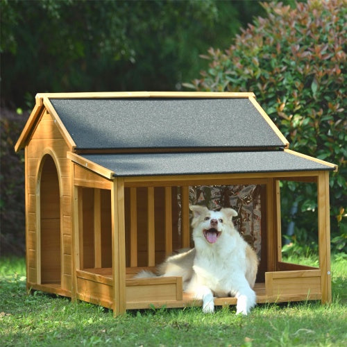 60.2 Large Wooden Dog House With Porch, Cabin Style Dog Crate With Asphalt Roof And Elevated Floor, Dog Kennel With Side Window And Doors, Perfect For Medium & Large Dogs, Nature