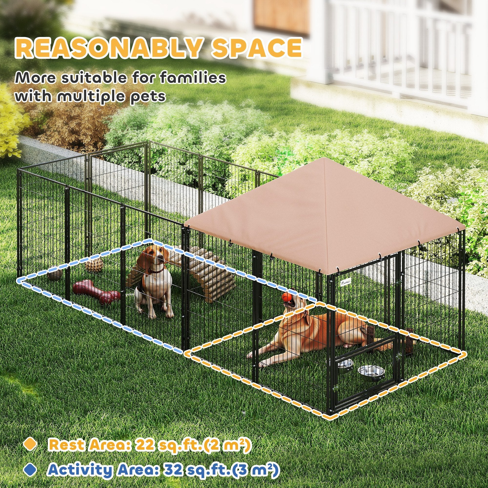 Large Outdoor Dog Kennel With Rotating & Adjustable Height Bowls, Waterproof & UV-Resistant Canopy, 11.3 X 4.7 X 5.1