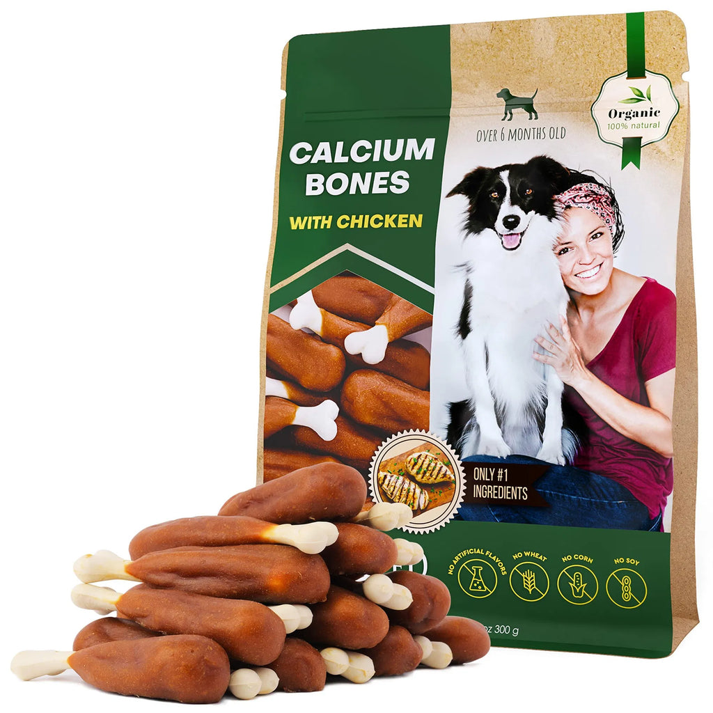 Dog Calcium Bones Wrapped Chicken & Rawhide Free Chew Treats, Grain Free Organic Meat Chews