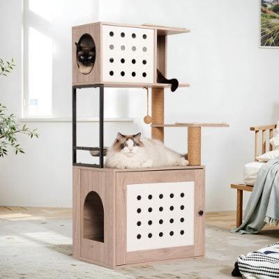 Cat Tree With Litter Box Enclosure, Allinone Cat Tower For Indoor Cats With Large Hammock, Bed, Food Station, Scratching Posts, Modern Style Pet Furniture, Gray White