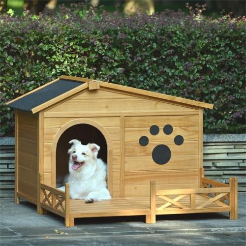 Wooden Dog House Outdoor With Porch, Dog Kennel With Water-Resistant Asphalt Roof And Fencing,Indoor & Outdoor Dog Crate With Paw Print, Medium, Nature