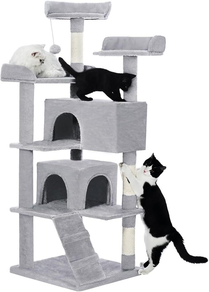 Made 4 Pets 56-inch Pet Cat Tree For Indoor Cats Multi-Level Cat Tree With 2 Apartments Cat Activity Centre With Scratching Posts And Toys Light Gray