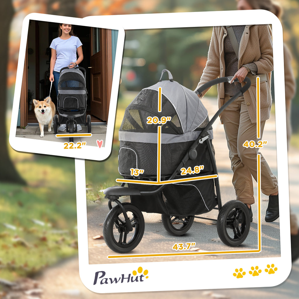 3 In 1 Pet Jogging Stroller For Small Dogs And Cats With Detachable Carrier, Storage Basket, Gray