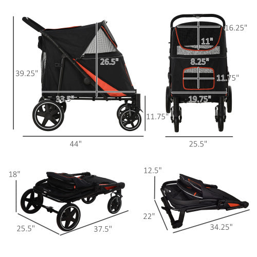 PawHut 1-Click Foldable Doggy Stroller For Medium Large Dogs, Pet Stroller With Storage, Smooth Ride With Shock Absorption, Mesh Window, Safety Leash, Big Dog Walking Stroller, Black