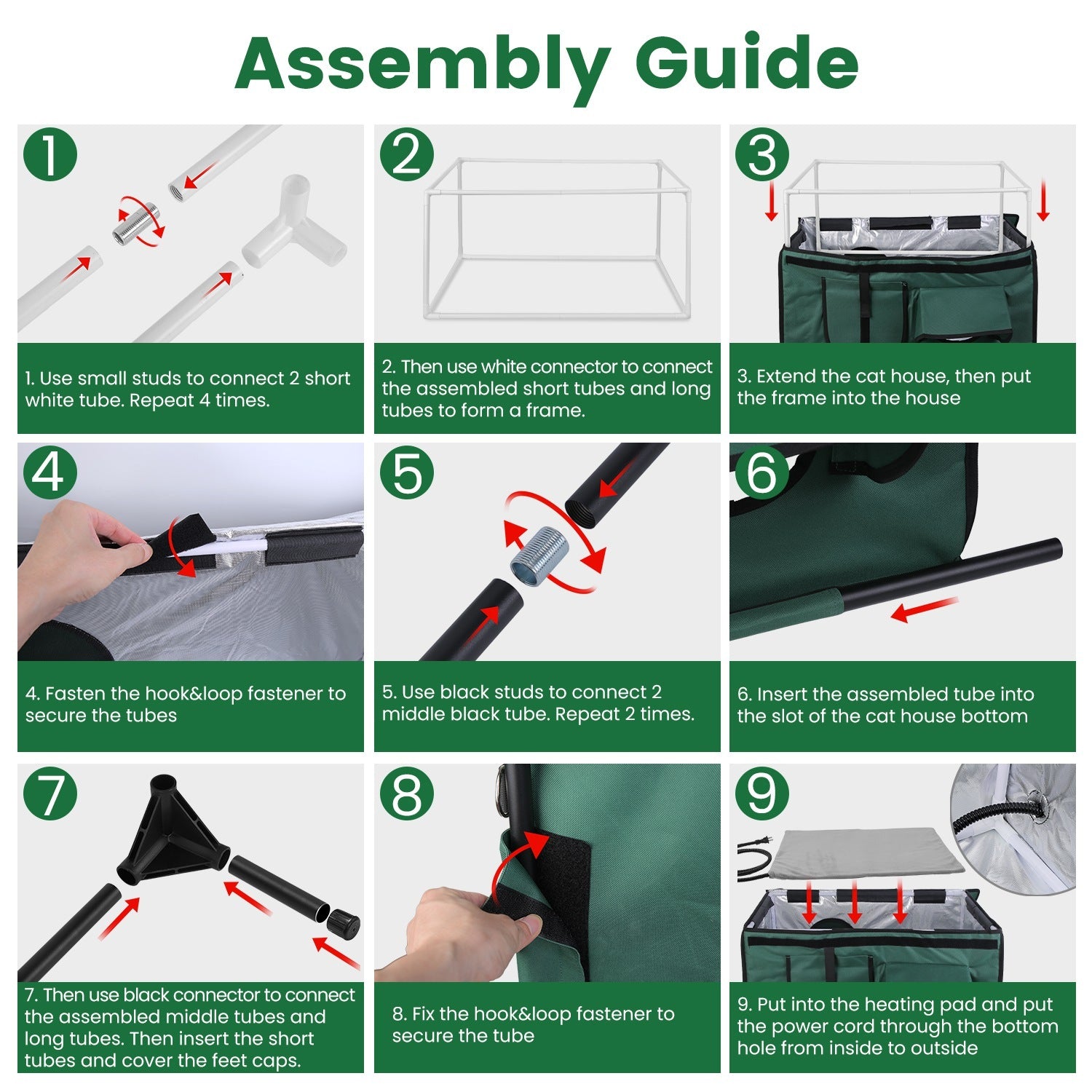 1Pc Waterproof Heated Cat House Outdoor Weatherproof Insulated Kitty Shelter Feral Cat Heating Bed With Heating Pad Anti-Chew Cord 2 Doors 3 Windows For Indoors Outdoors Winter Summer