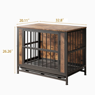 Dog Crate Furniture  Wooden Dog Crate Table 32.8 Dog Kennel With 2 Sliding Doors And Thick Iron Door Frame  Decorative Pet Crate House For Medium Small Dog Indoor Use Rustic Brown