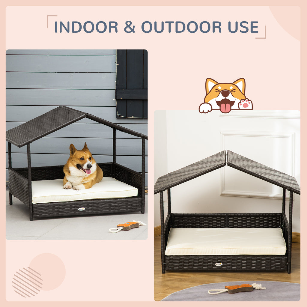 Wicker Dog Bed Outdoor Elevated With Rattan Canopy Cushioned PE Rattan Dog Cat House Sleeping Pad Cream