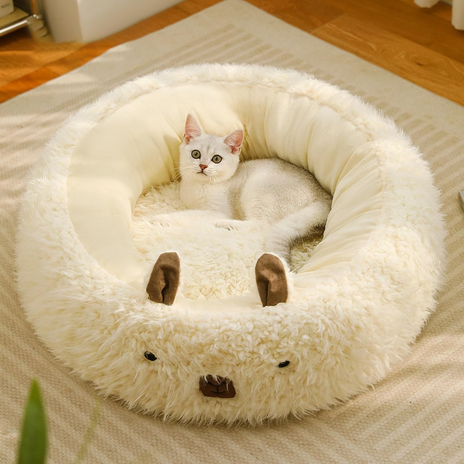 Cut Alpaca Pet Calming Bed with Detachable Plush Pads Anti Slip Bottom Raised Edges