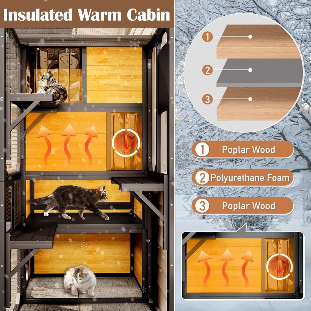 GO Large Cat Catio 4 Tiers Cat Enclosure For Outdoor, Cat House Weatherproof Attached To Window For Multiple Cats With Platforms And Resting Rooms, Brown