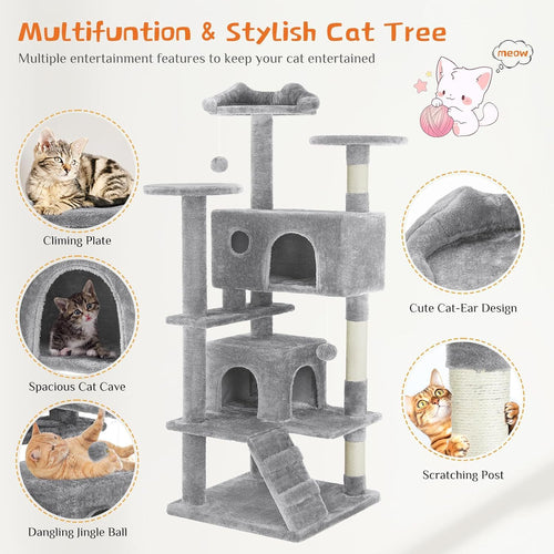 54" Multi-Level Cat Tree Tower - Sisal Scratch Post, Condos with Platforms, Ramps, Toys