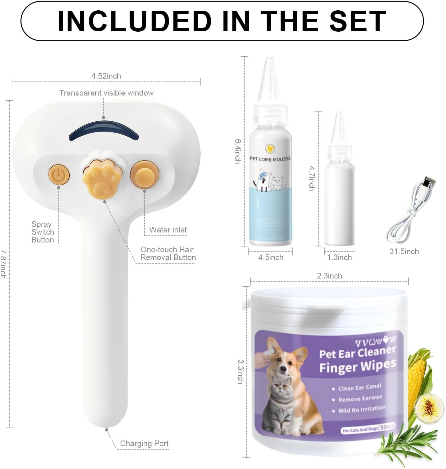 Universal Pet Steam Brush For Cats And Dogs 3-in-1 Spray Hair Removal Comb With Water less Shampoo and Ear Towel