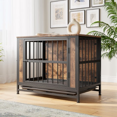 Dog Crate Furniture  Wooden Dog Crate Table 32.8 Dog Kennel With 2 Sliding Doors And Thick Iron Door Frame  Decorative Pet Crate House For Medium Small Dog Indoor Use Rustic Brown