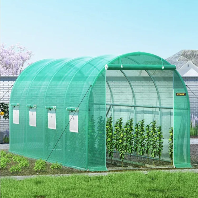 VEVOR Walk-in Tunnel Greenhouse, 14.8 X 6.6 X 6.6 Ft Portable Plant Hot House W  Galvanized Steel Hoops, 1 Top Beam, Diagonal Poles, Zippered Door   8 Roll-up Windows, Green