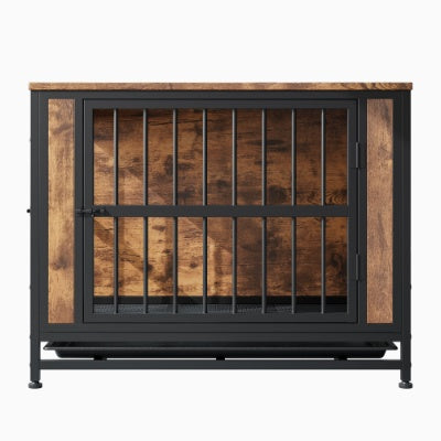 Dog Crate Furniture  Wooden Dog Crate Table 32.8 Dog Kennel With 2 Sliding Doors And Thick Iron Door Frame  Decorative Pet Crate House For Medium Small Dog Indoor Use Rustic Brown