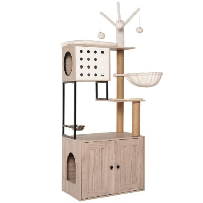 Cat Tree With Litter Box Enclosure - Modern Cat Condo With Scratching Posts, Feeding Bowl  Removable Pompom Sticks, Gray