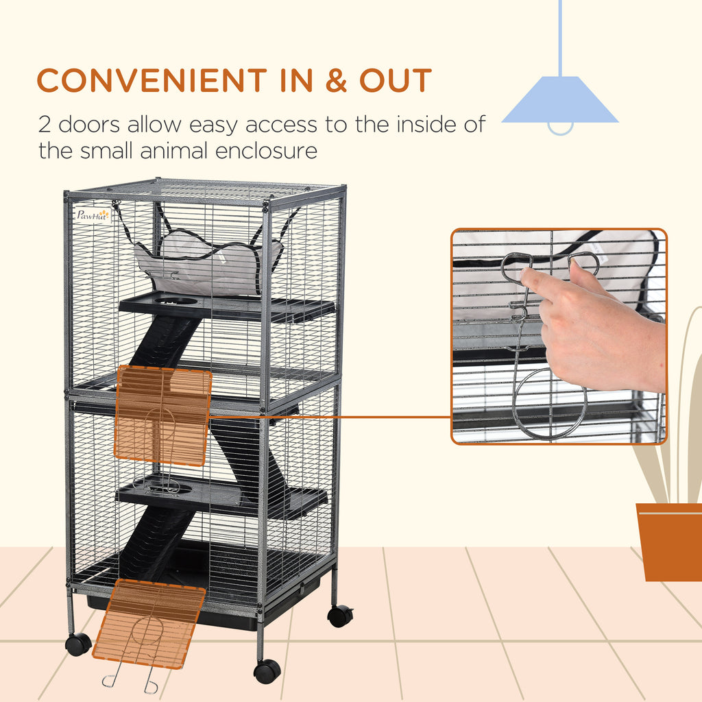 Large Metal 4 Tiers Small Animal Cage With Hammock, Removable Tray, Extra Space For Ferrets Chinchillas, Gray