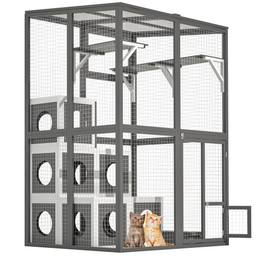 Outdoor Wooden Cat Catio - Large Solid Wood Cat Cage Playpen With 2 Jumping Platforms  7 Napping Houses, Walk-in Cat Kennel Condo Shelter, Grey