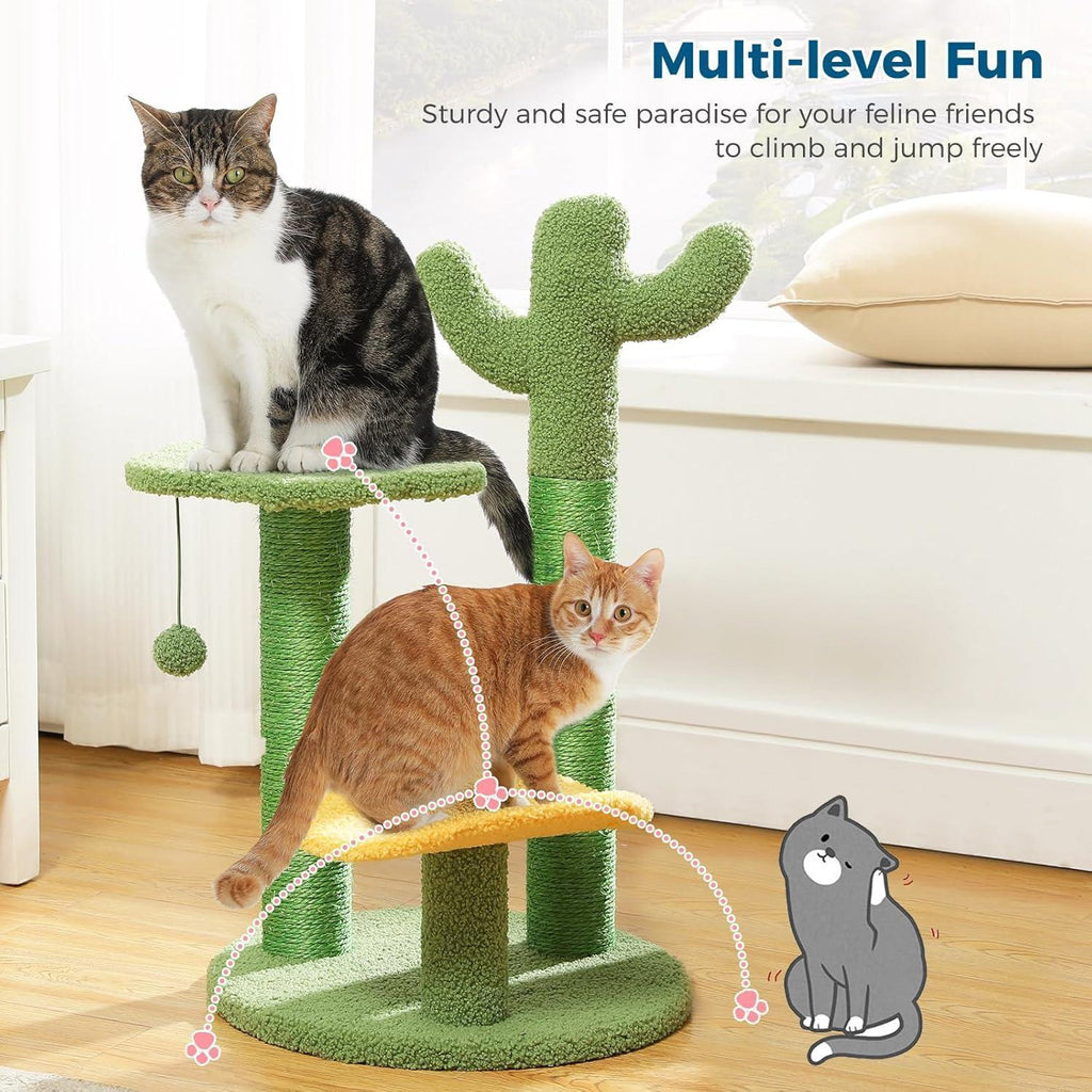 26 Inch Cactus Cat Tree With Bird's Eye View Flower Perch, Soft Cactus Top And Hanging Ball, Compact Vertical Structure For Indoor Cats