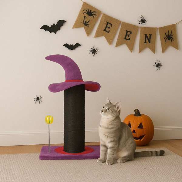 Wizard Hat Cat Scratching Post With Spring Ball Toy For Indoor Cats, Halloween Spooky Cat Scratcher, Purple