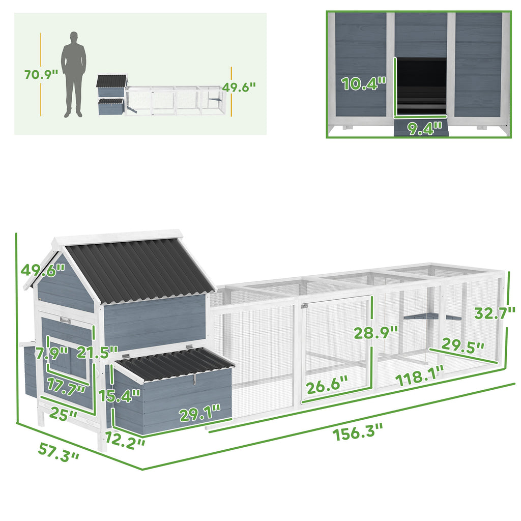 156 Extra Large Wooden Chicken Coop With 2 Nesting Box, Run Cage, Waterproof Wave Roof, For 10-15 Chickens, Light Gray