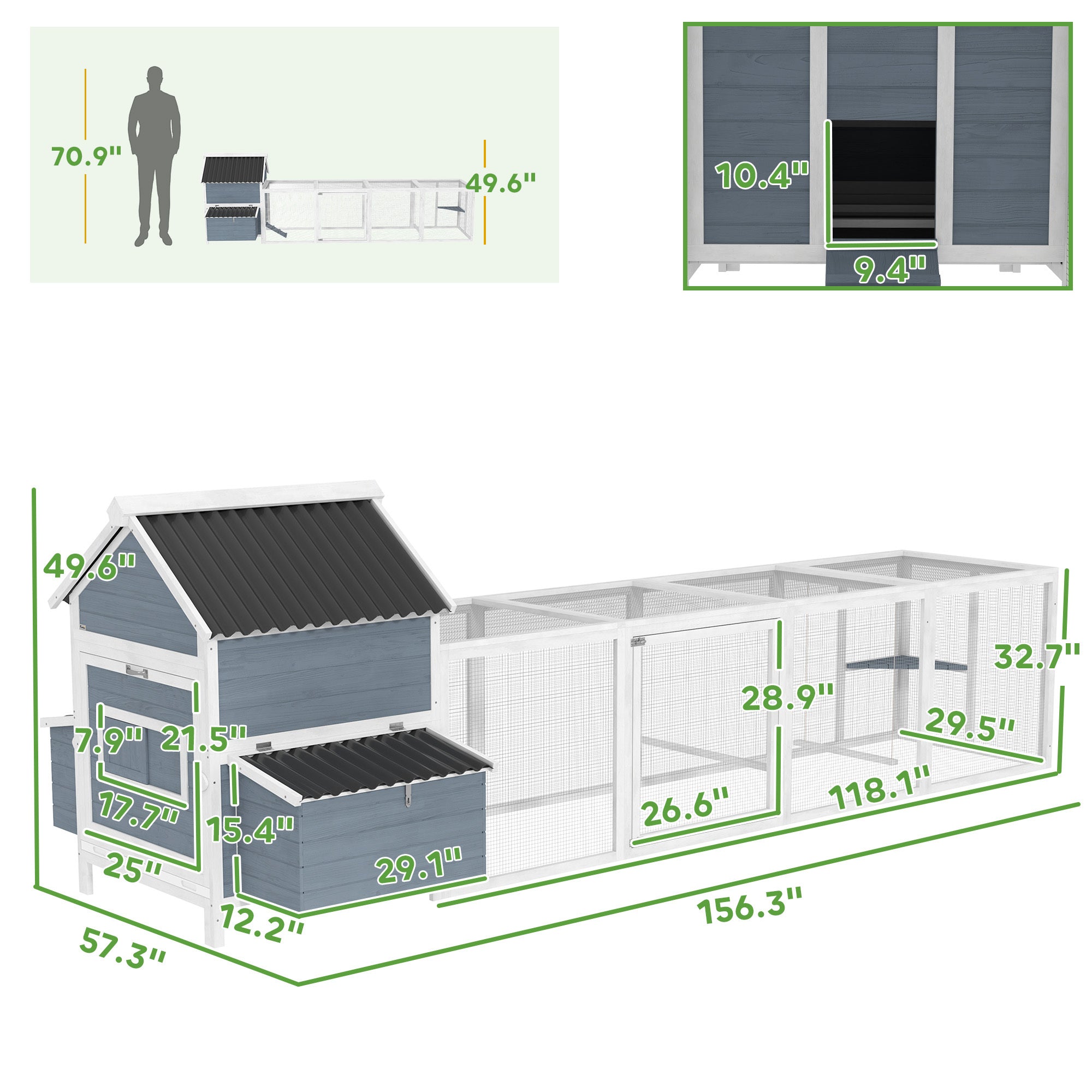 156 Extra Large Wooden Chicken Coop With 2 Nesting Box, Run Cage, Waterproof Wave Roof, For 10-15 Chickens, Light Gray