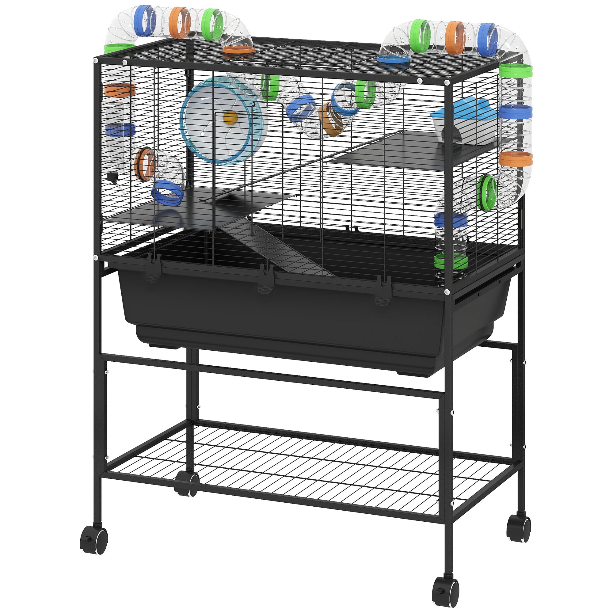 3 Tier Hamster Cage, Rolling Rat Cage With Deep Tray, Storage Shelf, Big Exercise Wheel, Hut, Tube System
