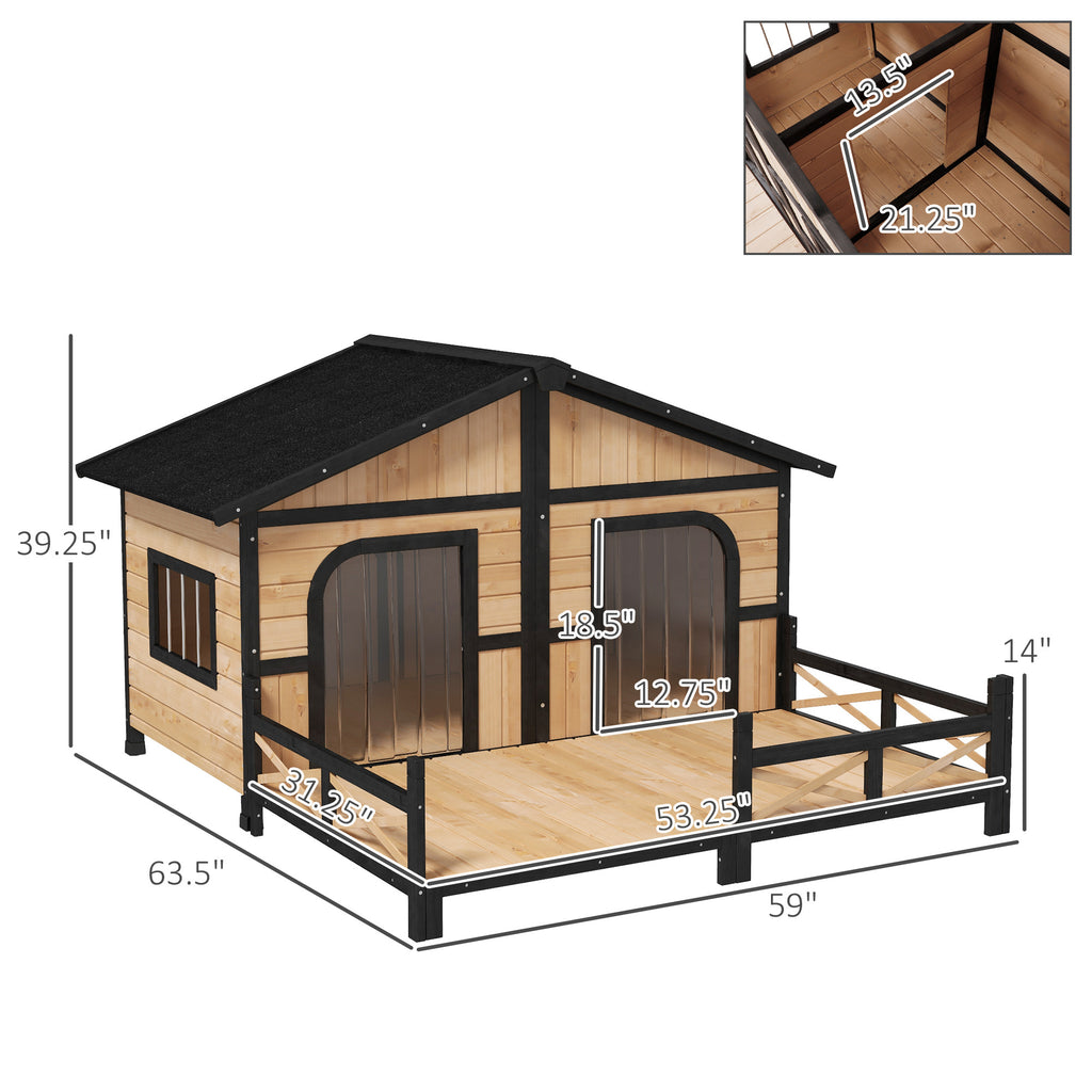 59x64x39 Large Wooden Dog House Raised Weatherproof Rustic Log Cabin Style Elevated Pet Shelter Porch Deck, Natural