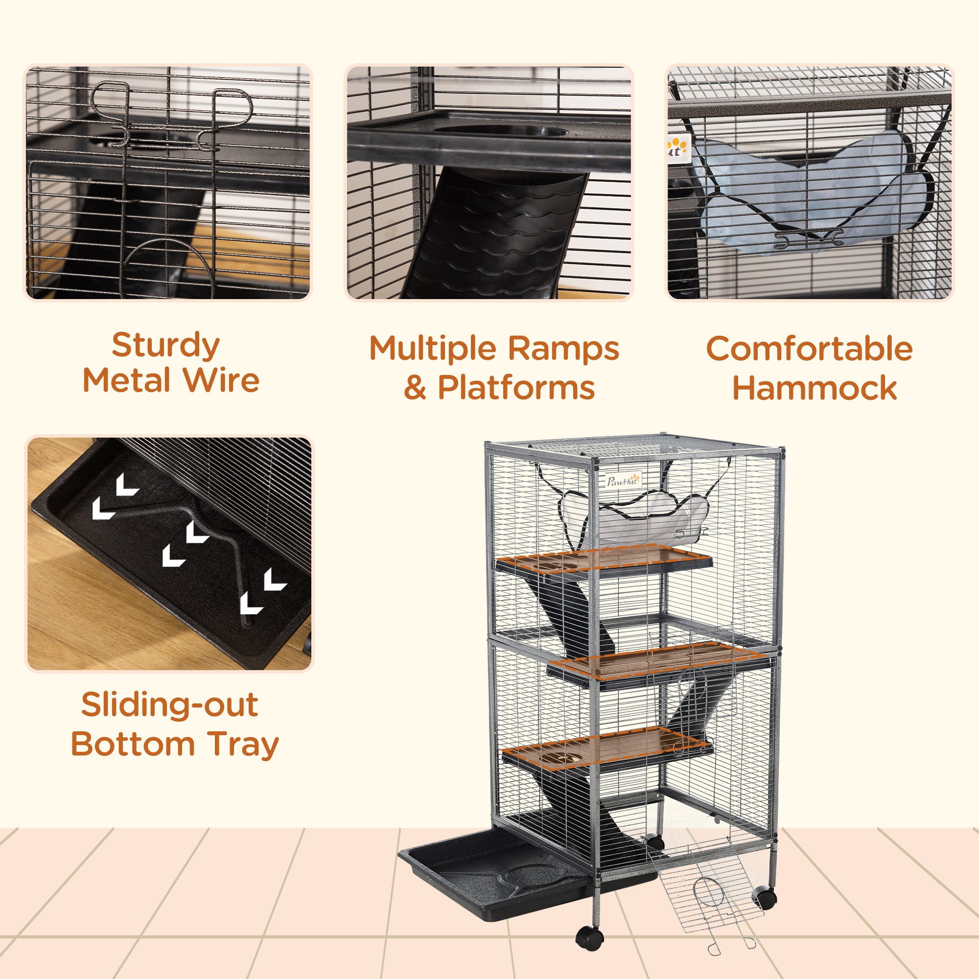 Large Metal 4 Tiers Small Animal Cage With Hammock, Removable Tray, Extra Space For Ferrets Chinchillas, Gray
