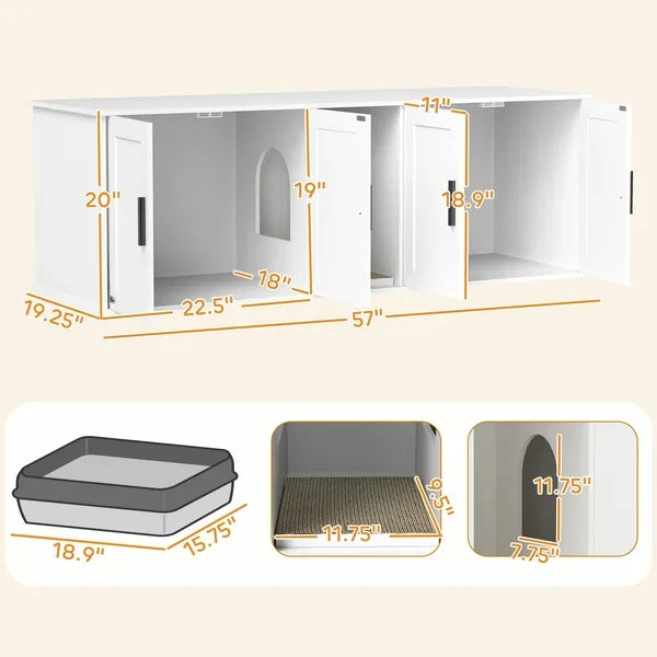 Cat Litter Box Enclosure With Double Room, Scratching Mat For 2 Cats