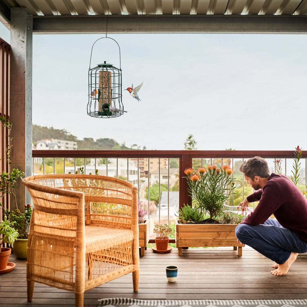 Outdoor Wild Bird Feeder Squirrel-Proof Chew-Proof Metal Hanging Seed Feeder With 4 Feeding Port For Small Songbirds