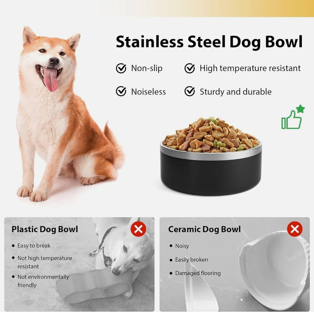 Dog Bowl, Stainless Steel Dog Food And Water Bowl With Non Slip Quiet Bottom, Easy To Clean, Dishwasher Safe, 42oz