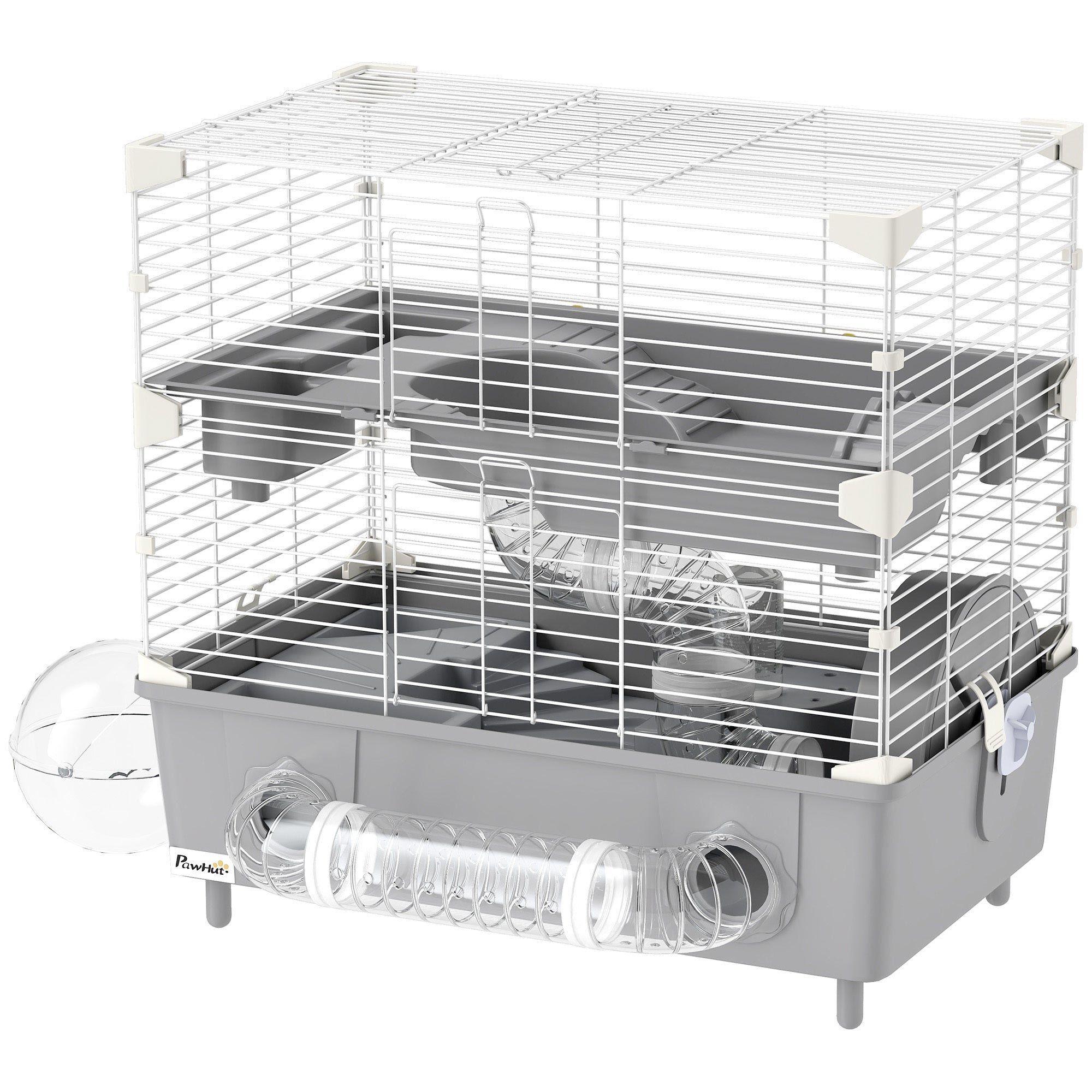 2-Tier Hamster Cage With Sand Bathroom, Running Wheel, Water Bottle, Tubes, Accessories, For Hamster, Gray