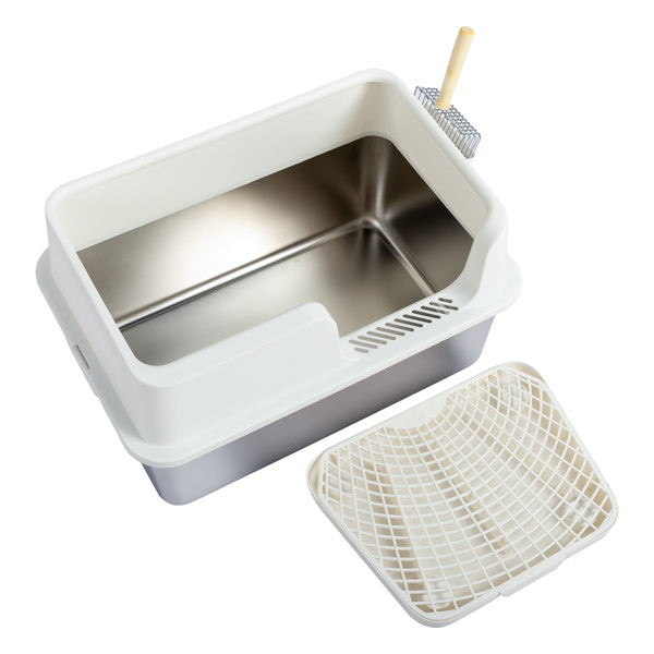 Stainless Steel With Plastic, Buckle Style With Shovel, Foot Pad, White Litter Box