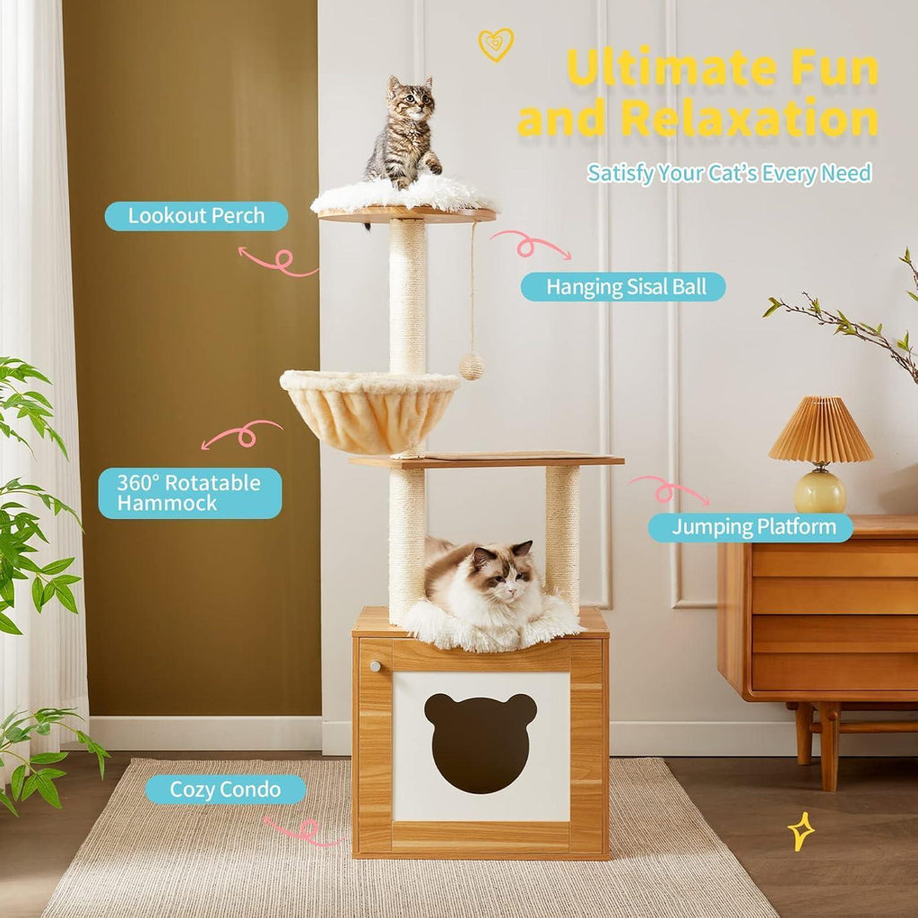 Solid Wood Cat Tree And Tower With Litter Box, Cat Scratching Board And Hammock For Indoor Large Cats